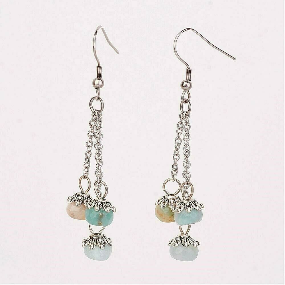 Handmade Edgy Surgical Steel Gemstone Earrings Triple Chain Natural Amazonite